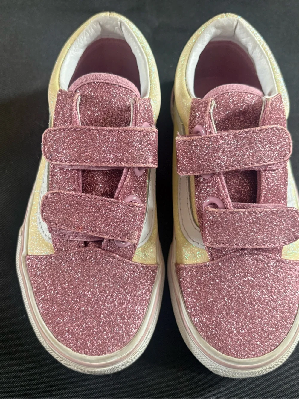 Vans Kids Glitter Pink and Yellow Velcro Low-Top Sneakers